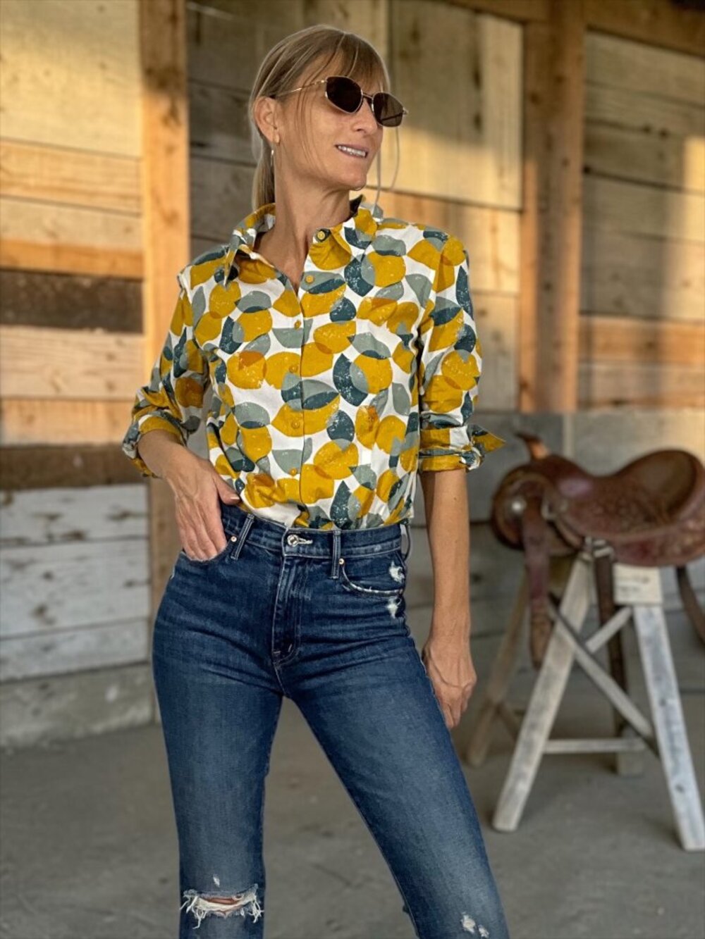 Seasalt Cornwall The Larissa Shirt Blouse 4 Leaves And Lemons Sunglow Cotton